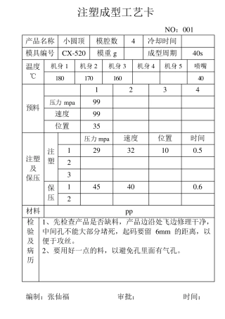 注塑成型工艺卡