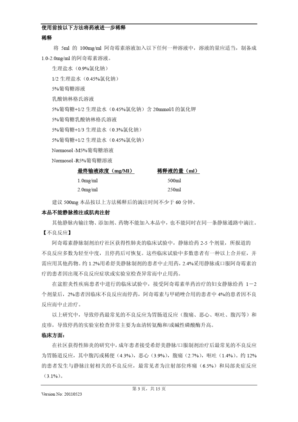 注射用阿奇霉素说明书20110523(希舒美)_第3页