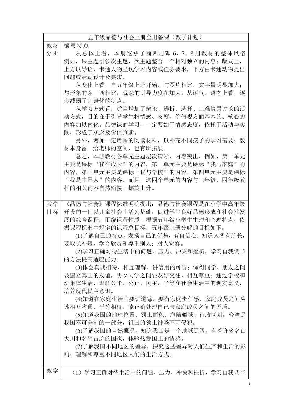 泰山版品德与社会五年级上册全册教案_第2页