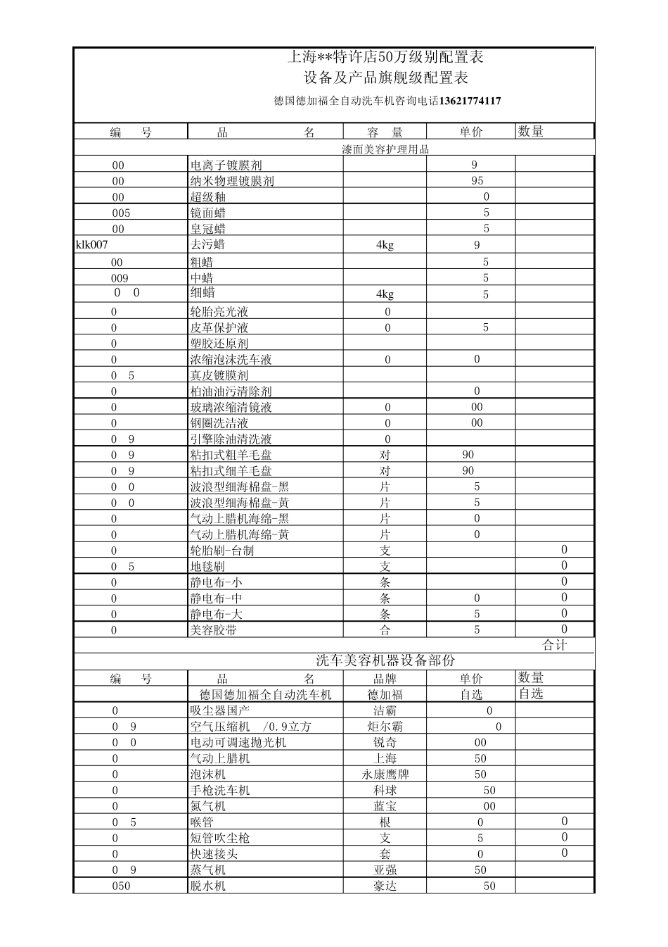 洗车店所需洗车设备清单及报价_第1页