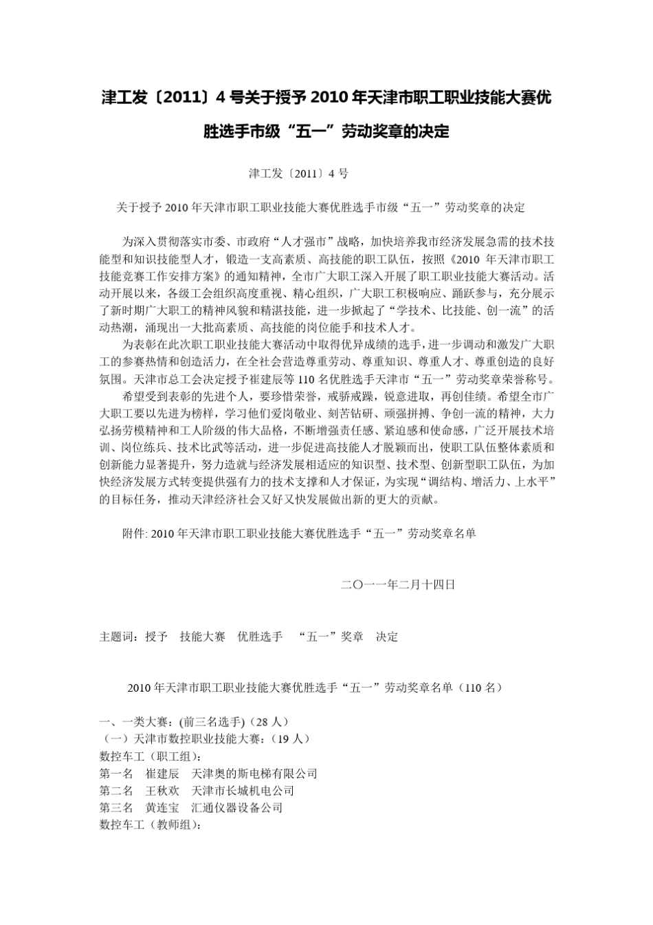 津工发〔2011〕4号关于授予2010年天津市职工职业技能大赛优胜选手市级“五一”劳动奖章的决定_第1页