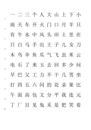 洪恩识字字库1200字(有行号,可打印)