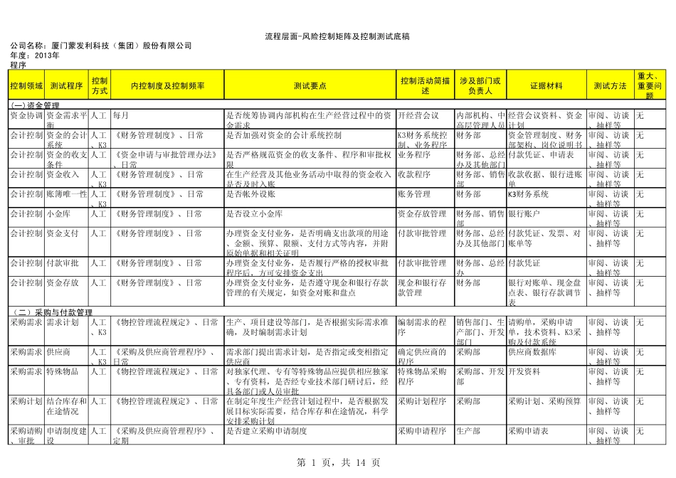 流程层面风险控制矩阵及控制测试底稿_第1页