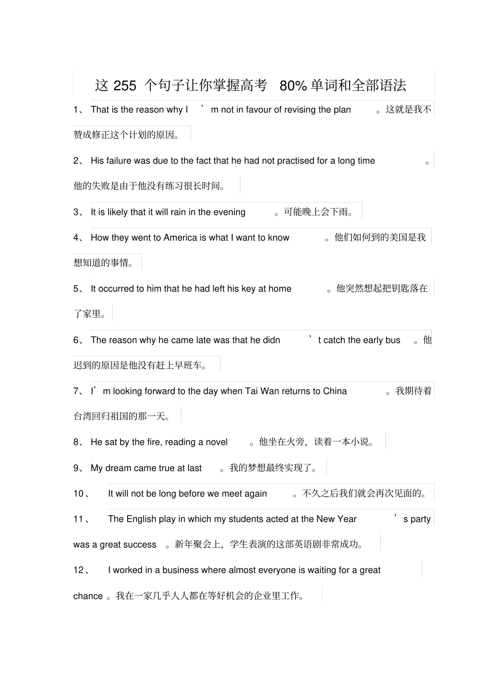 这255个句子让你掌握高考80%单词和全部语法!修正版汇总_第1页