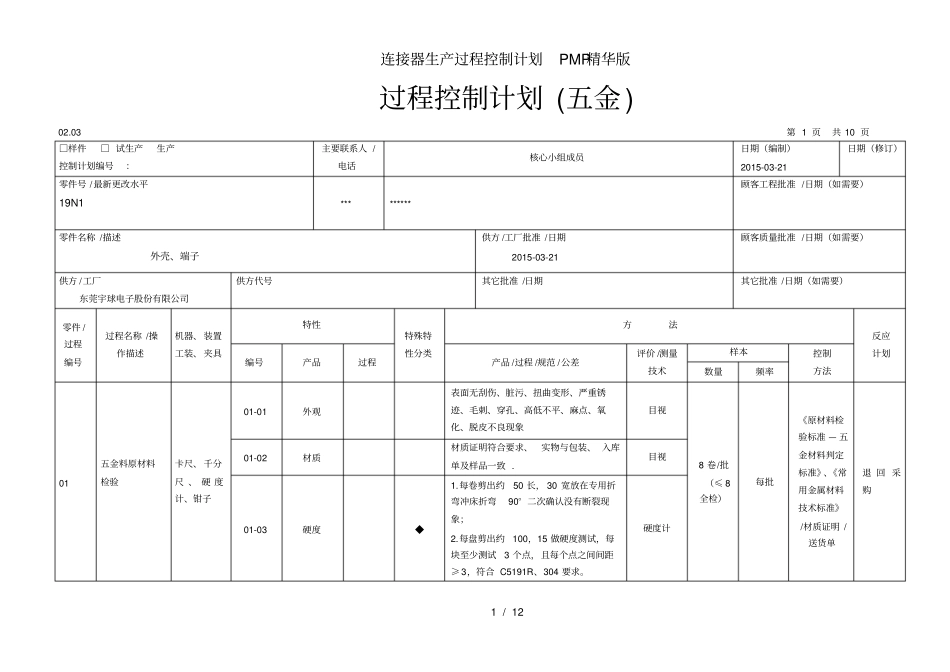 连接器生产过程控制计划PMP精华版_第1页