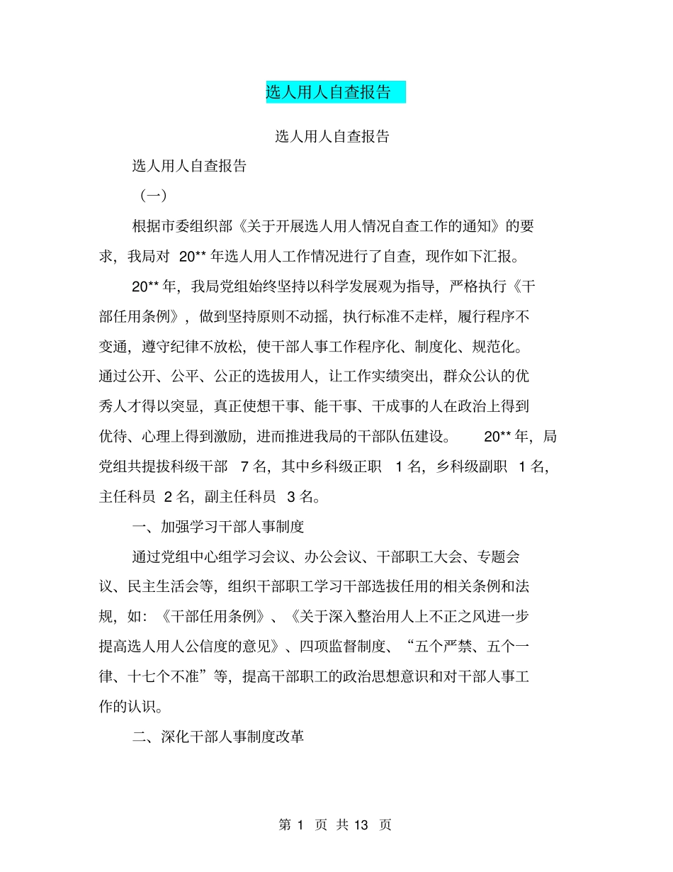 选人用人自查报告【可编辑版】_第1页