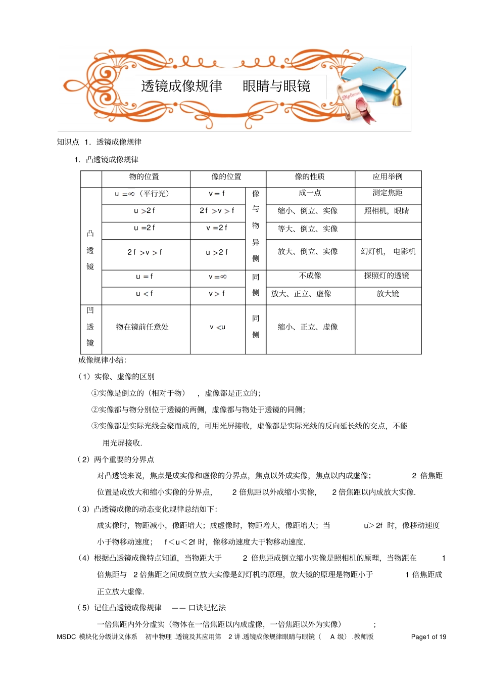 透镜及其应用第2讲：凸透镜成像规律眼睛与眼镜学生版A级_第1页