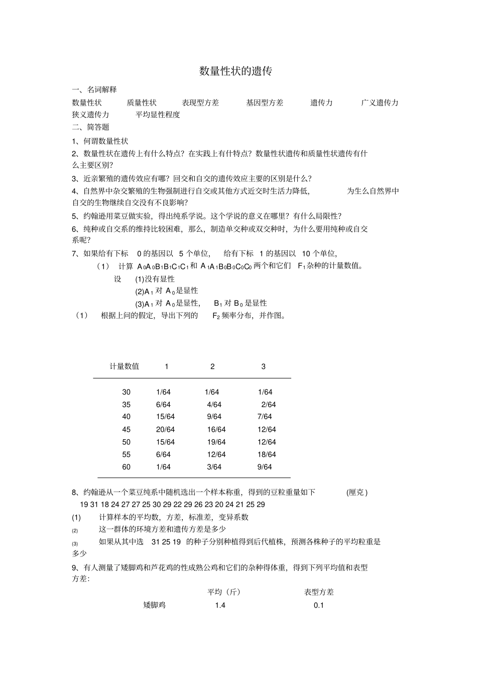 遗传学复习参考之数量遗传_第1页