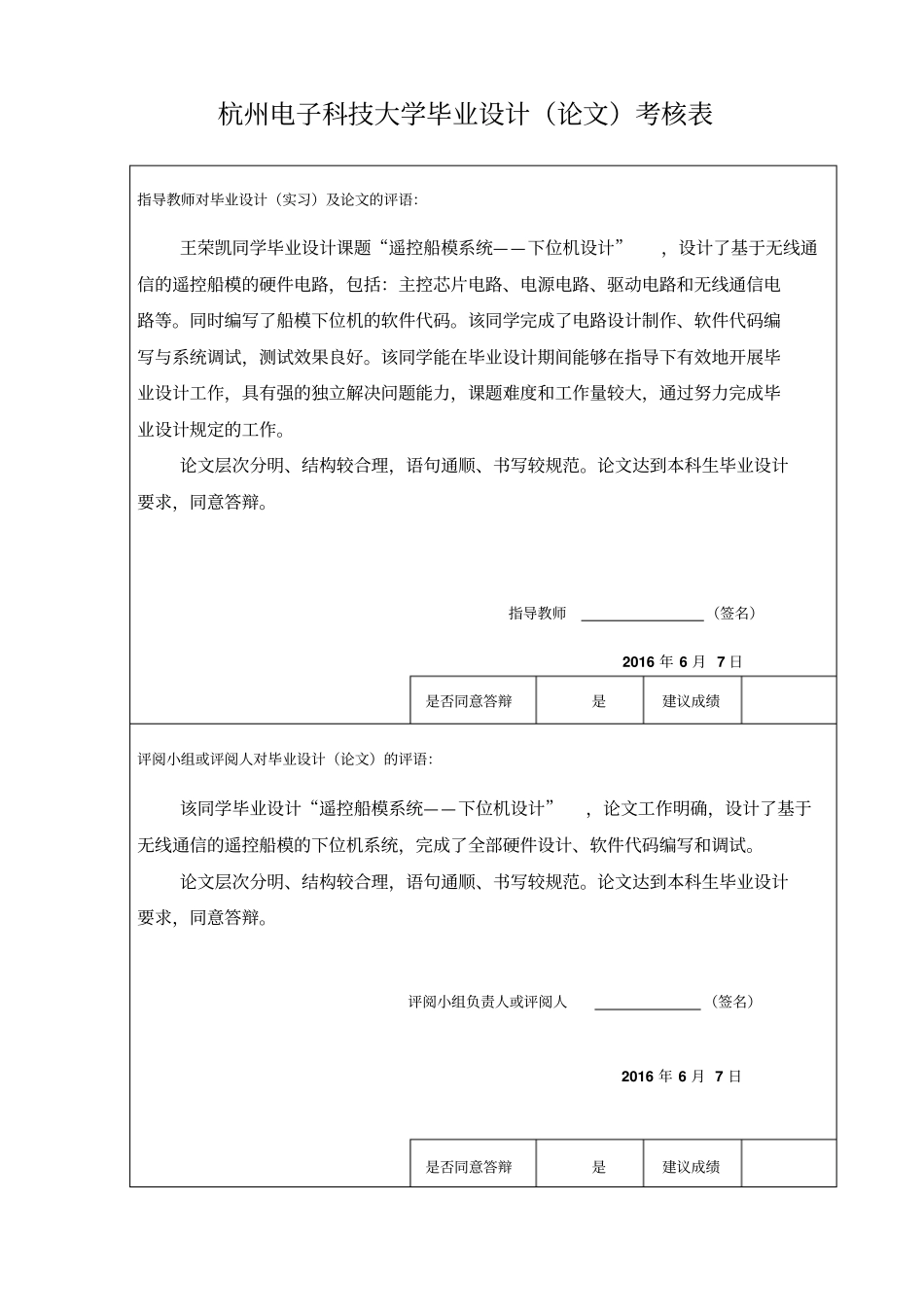 遥控船模系统——下位机设计毕设指导记录+答辩记录+考核表_第3页