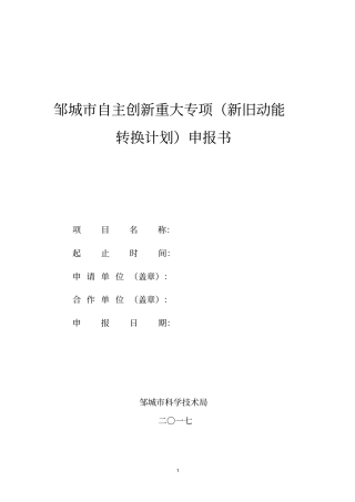 邹城自主创新重大专项新旧动能转换计划申报书