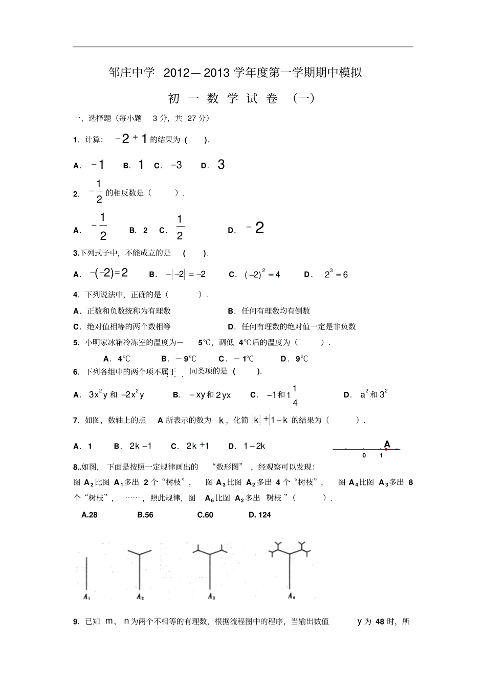 邹庄中学2012—2013学年第一学期期中模拟1_第1页