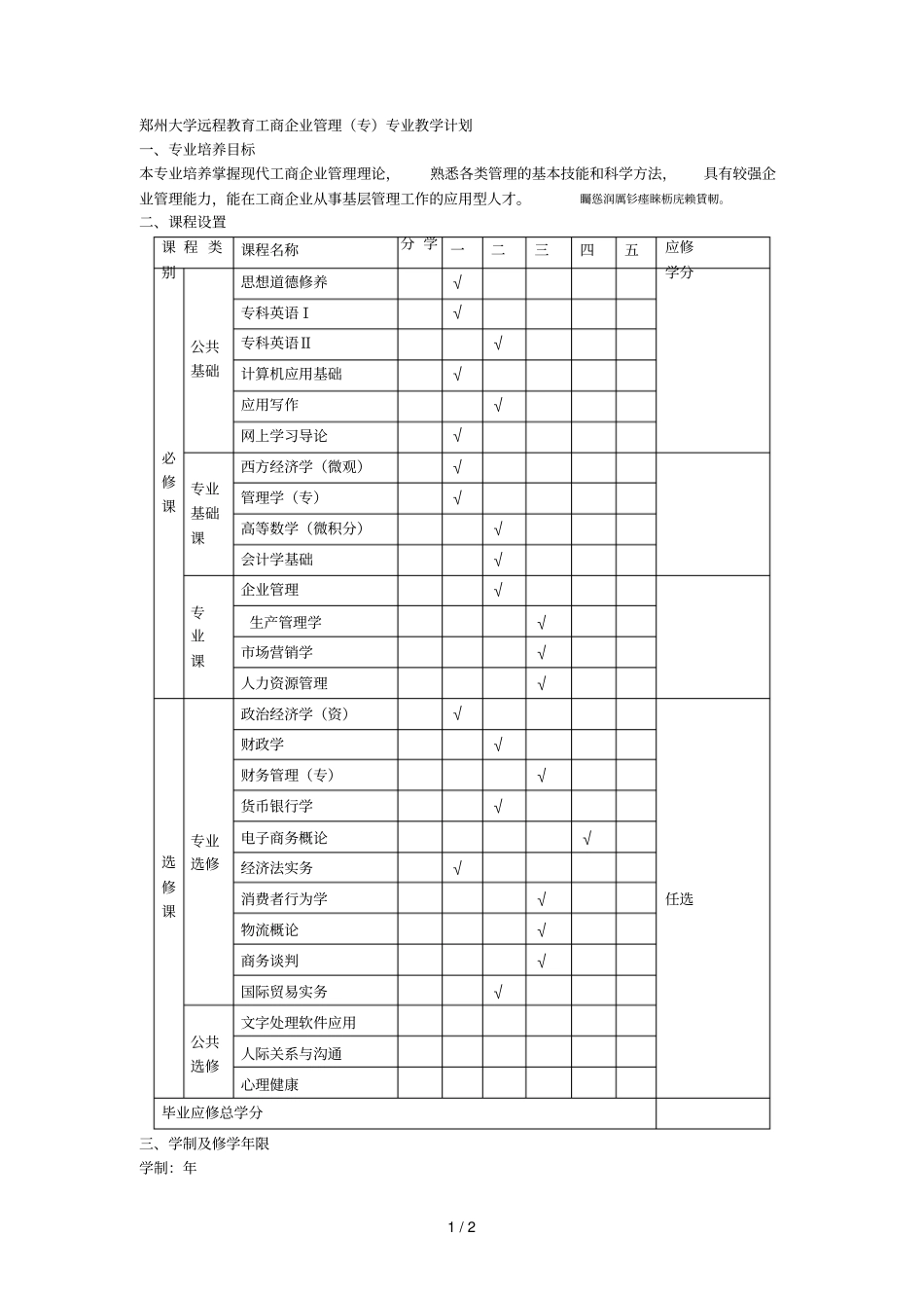 郑州大学远程教育工商企业管理专专业教学计划_第1页