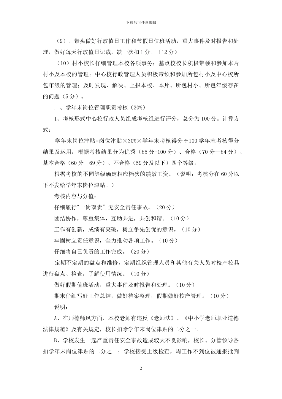 小学管理人员岗位管理考核细则_第2页