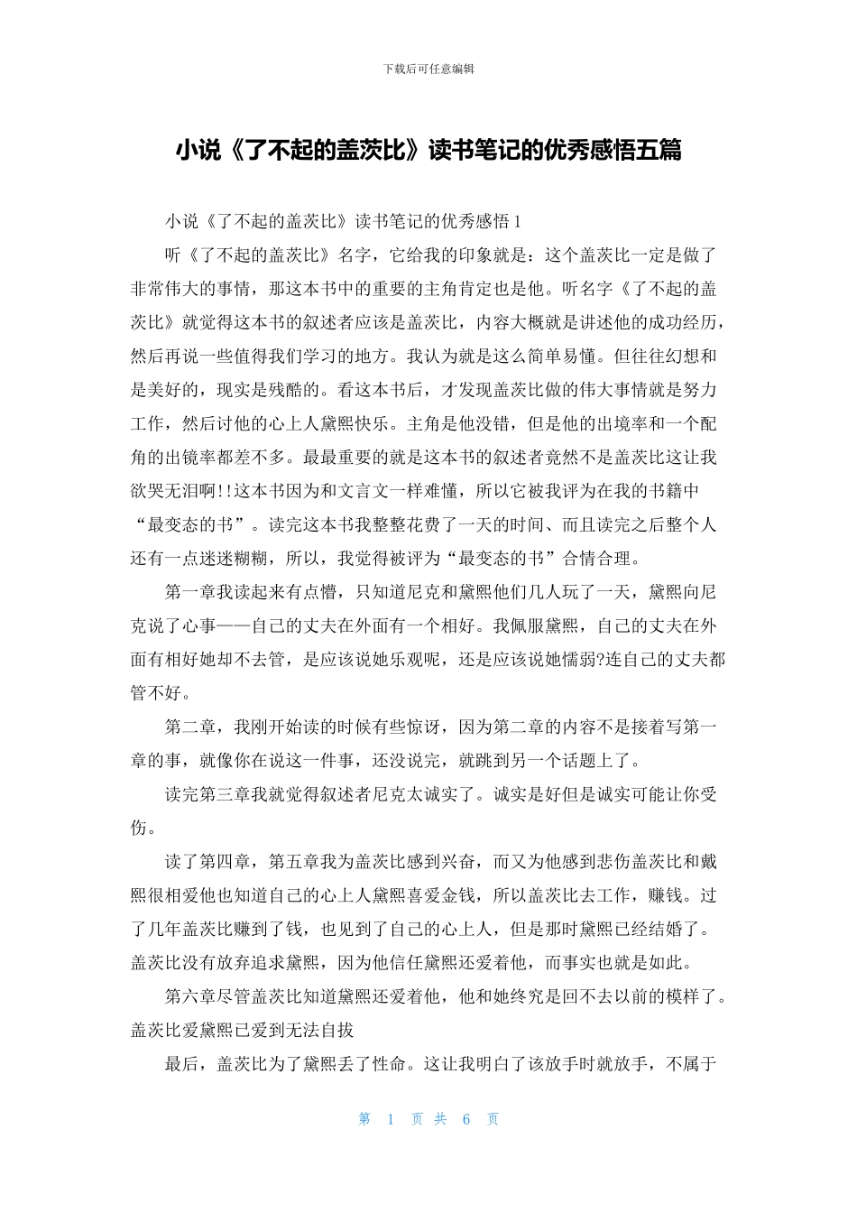 小说《了不起的盖茨比》读书笔记的优秀感悟五篇_第1页