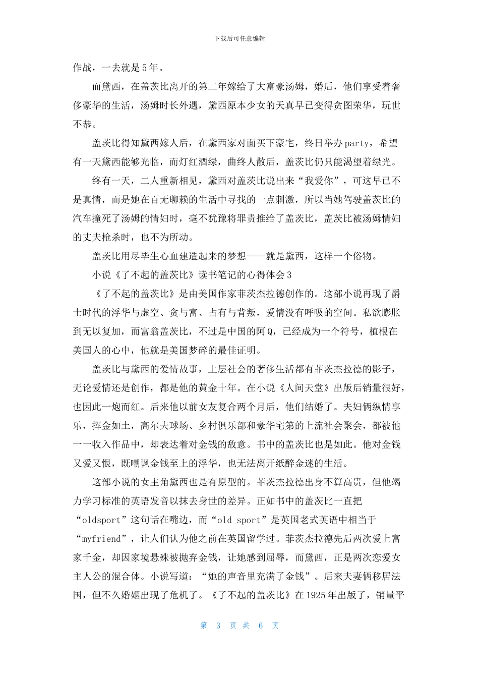 小说《了不起的盖茨比》读书笔记的心得体会五篇_第3页