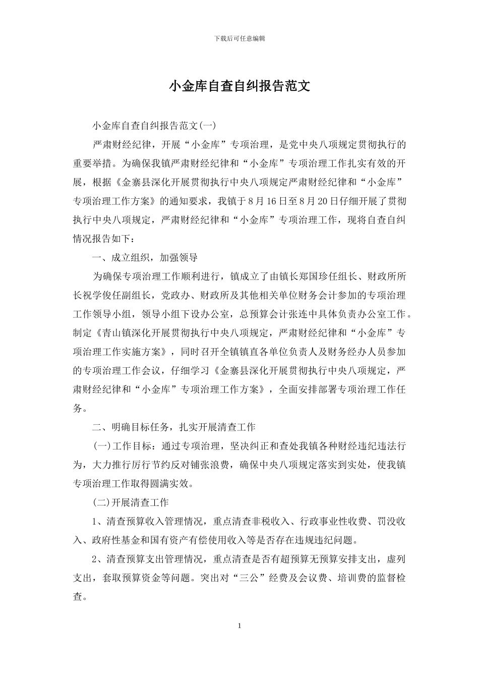 小金库自查自纠报告范文_第1页