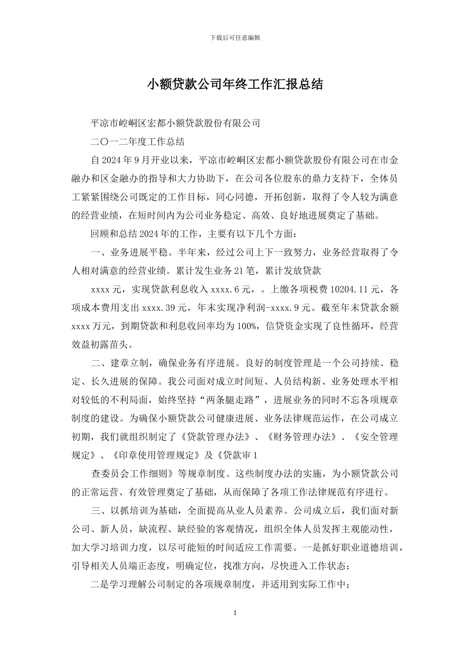 小额贷款公司年终工作汇报总结_第1页