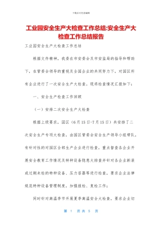 工业园安全生产大检查工作总结