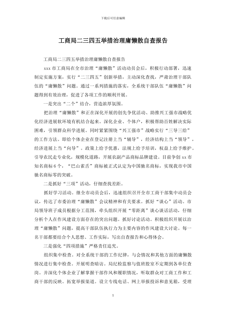 工商局二三四五举措治理庸懒散自查报告_第1页