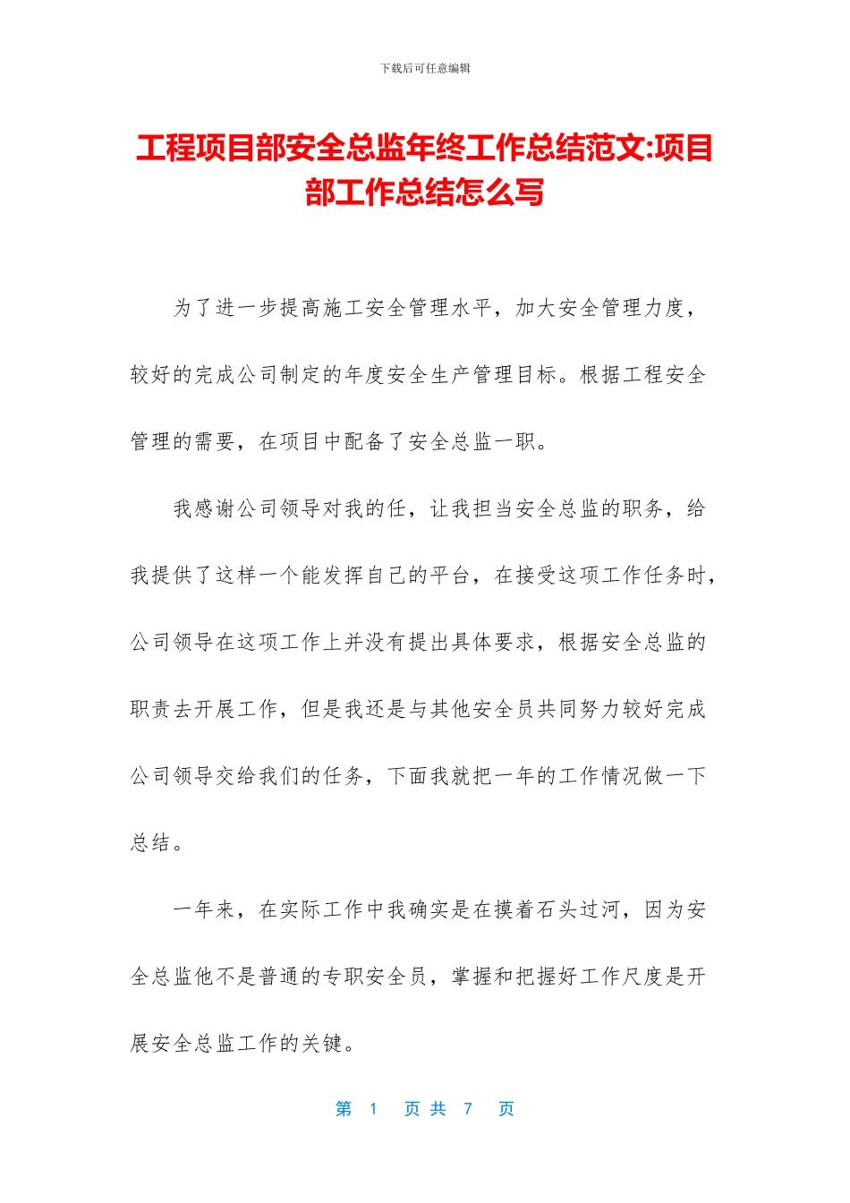 工程项目部安全总监年终工作总结范文_第1页
