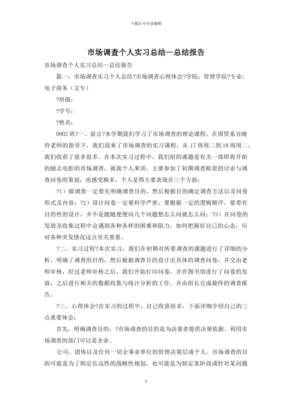 市场调查个人实习总结—总结报告_第1页