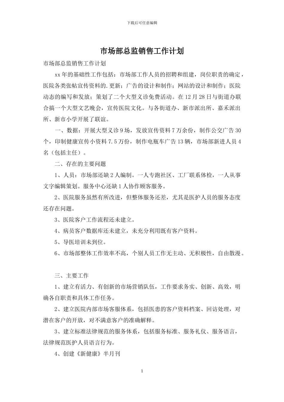 市场部总监销售工作计划_第1页