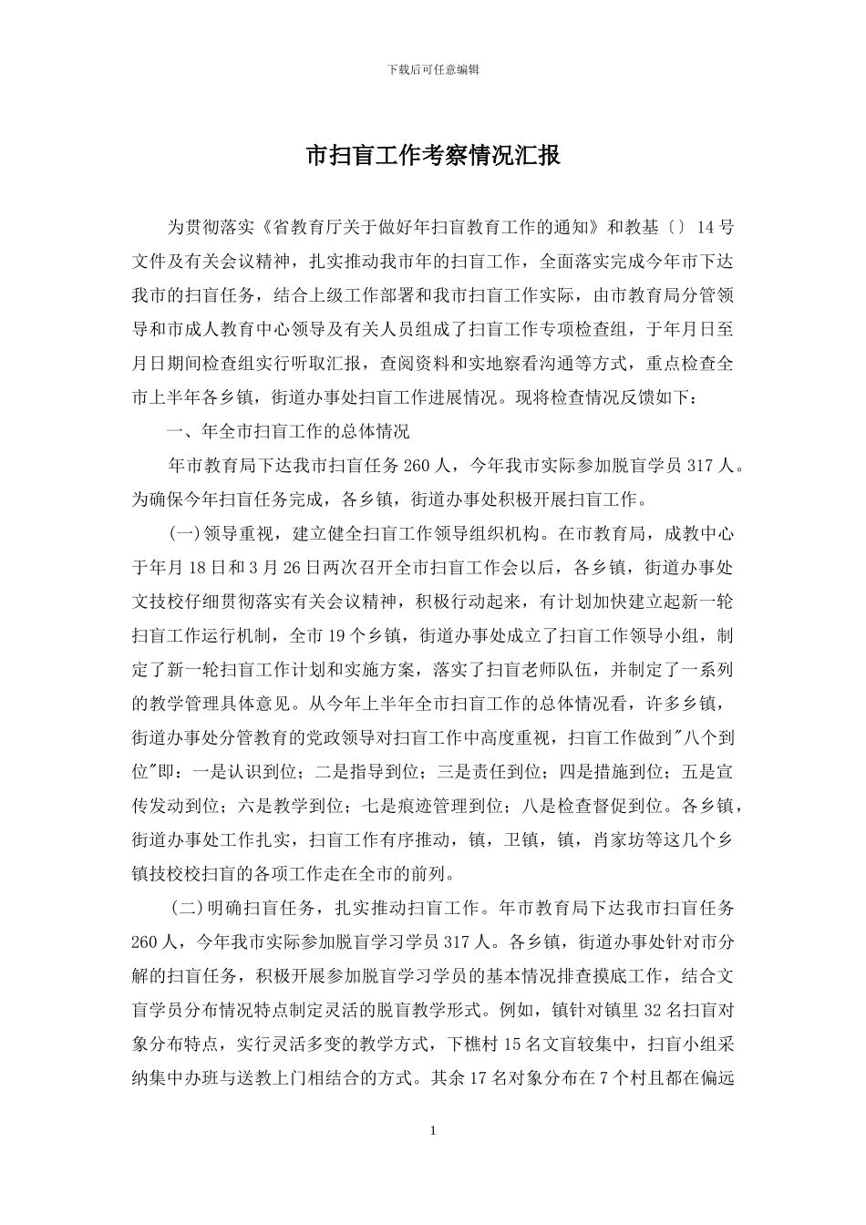 市扫盲工作考察情况汇报_第1页