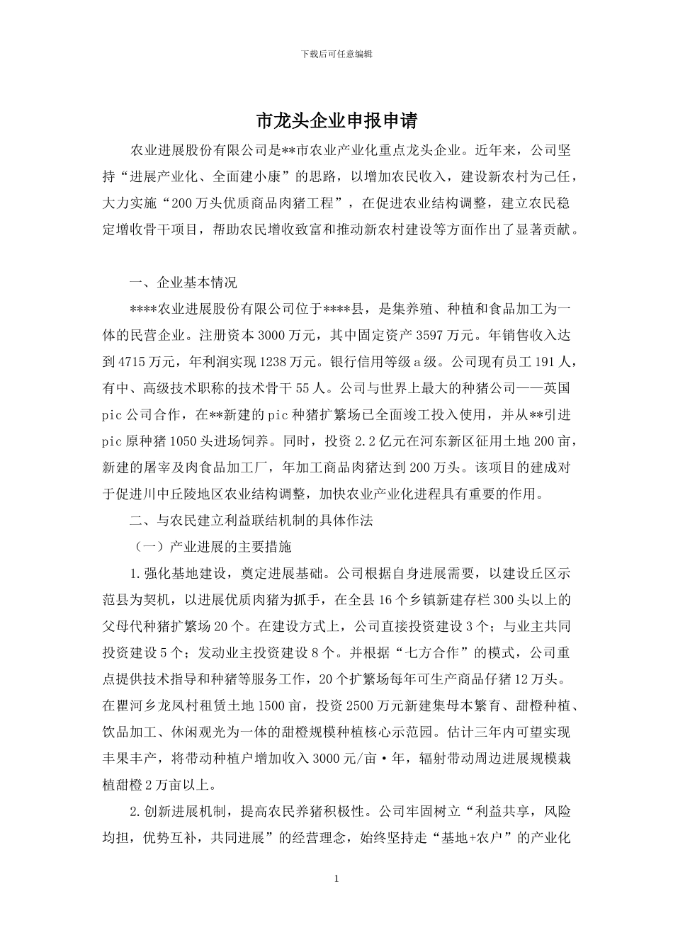 市龙头企业申报申请_第1页