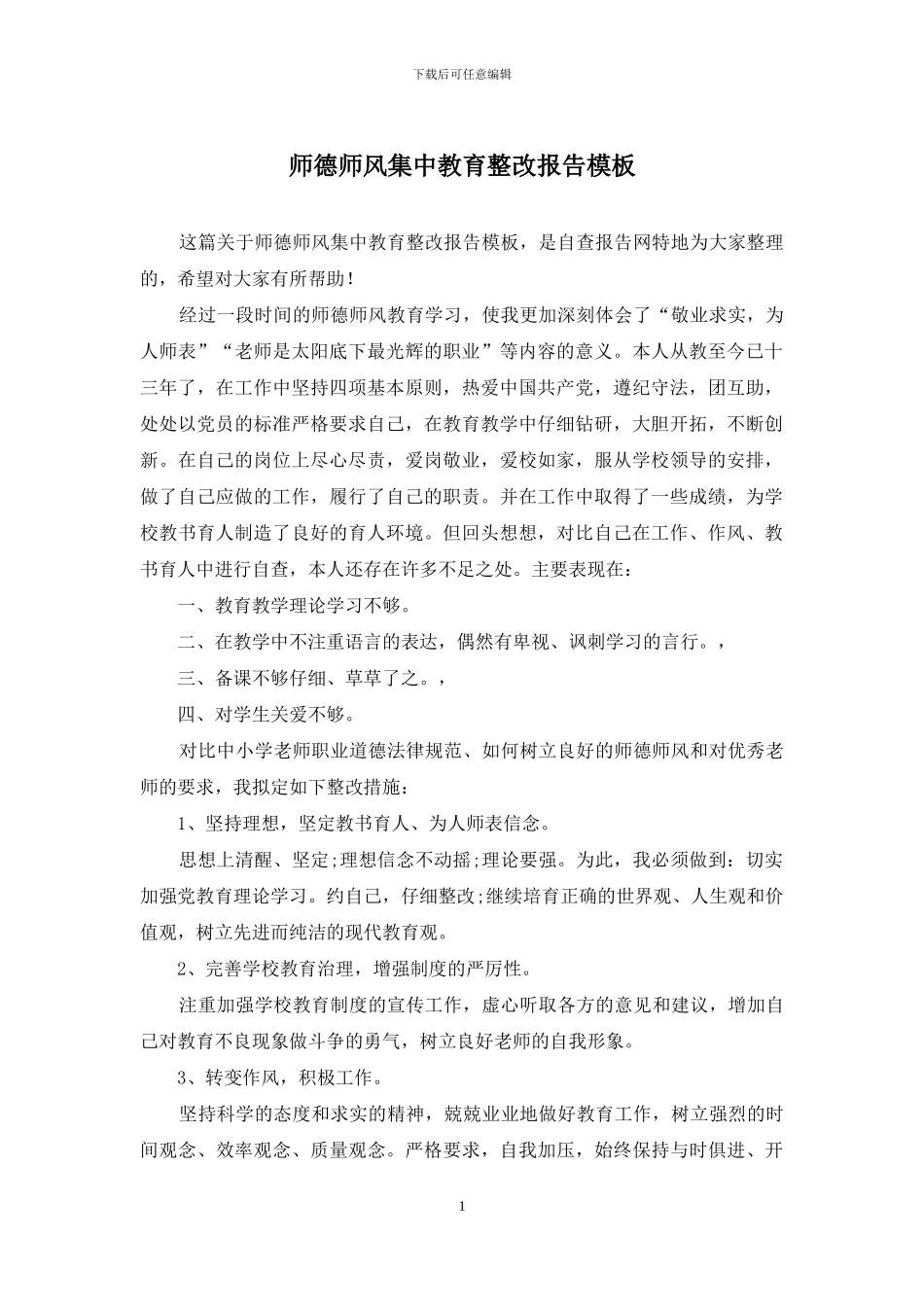 师德师风集中教育整改报告模板_第1页