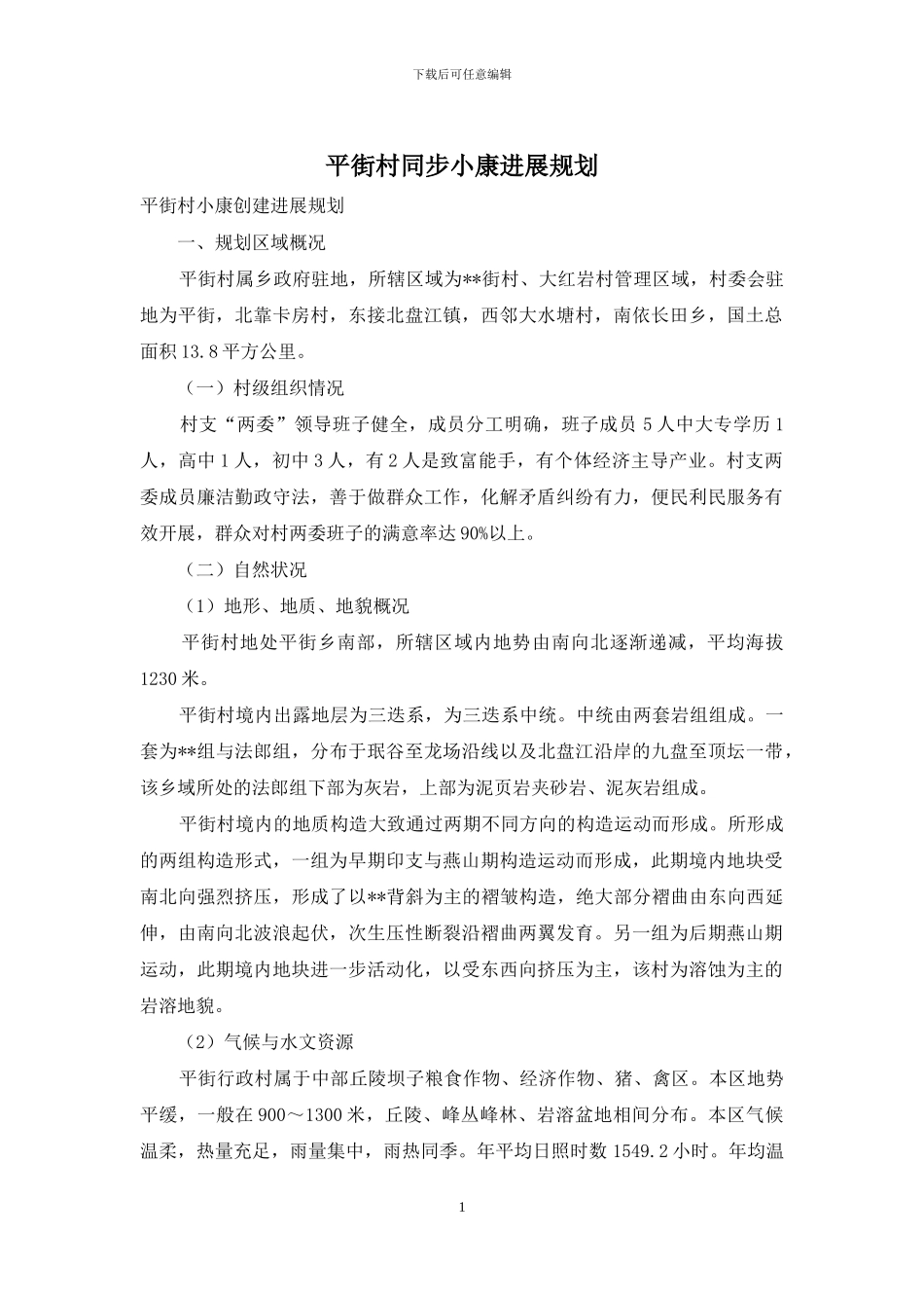 平街村同步小康发展规划_第1页