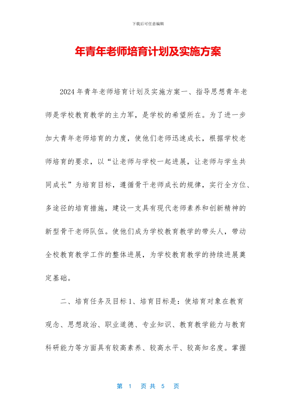 年青年教师培养计划及实施方案_第1页