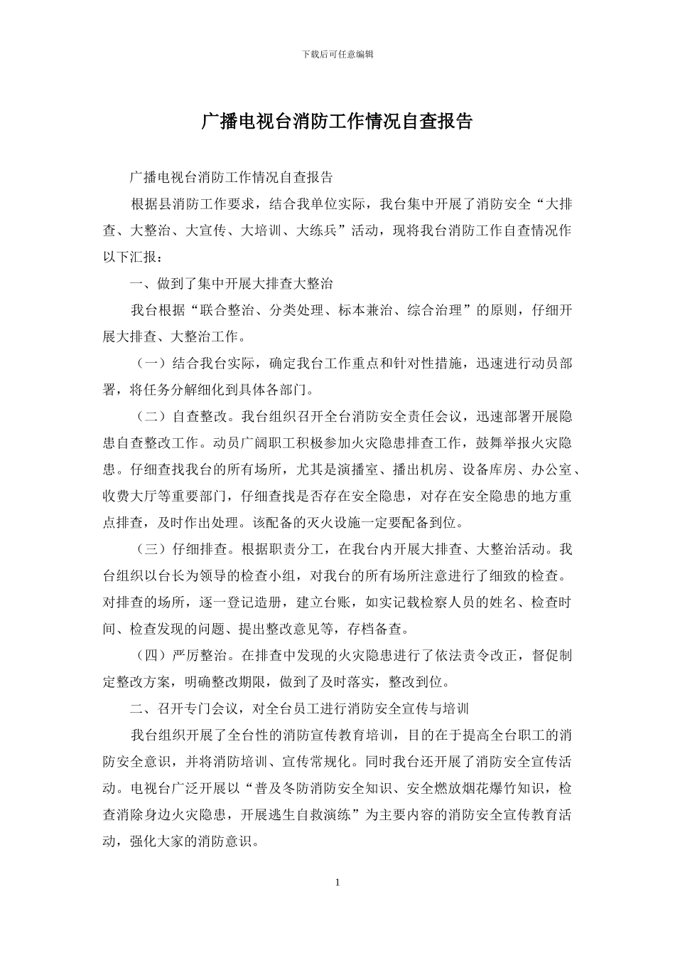 广播电视台消防工作情况自查报告_第1页