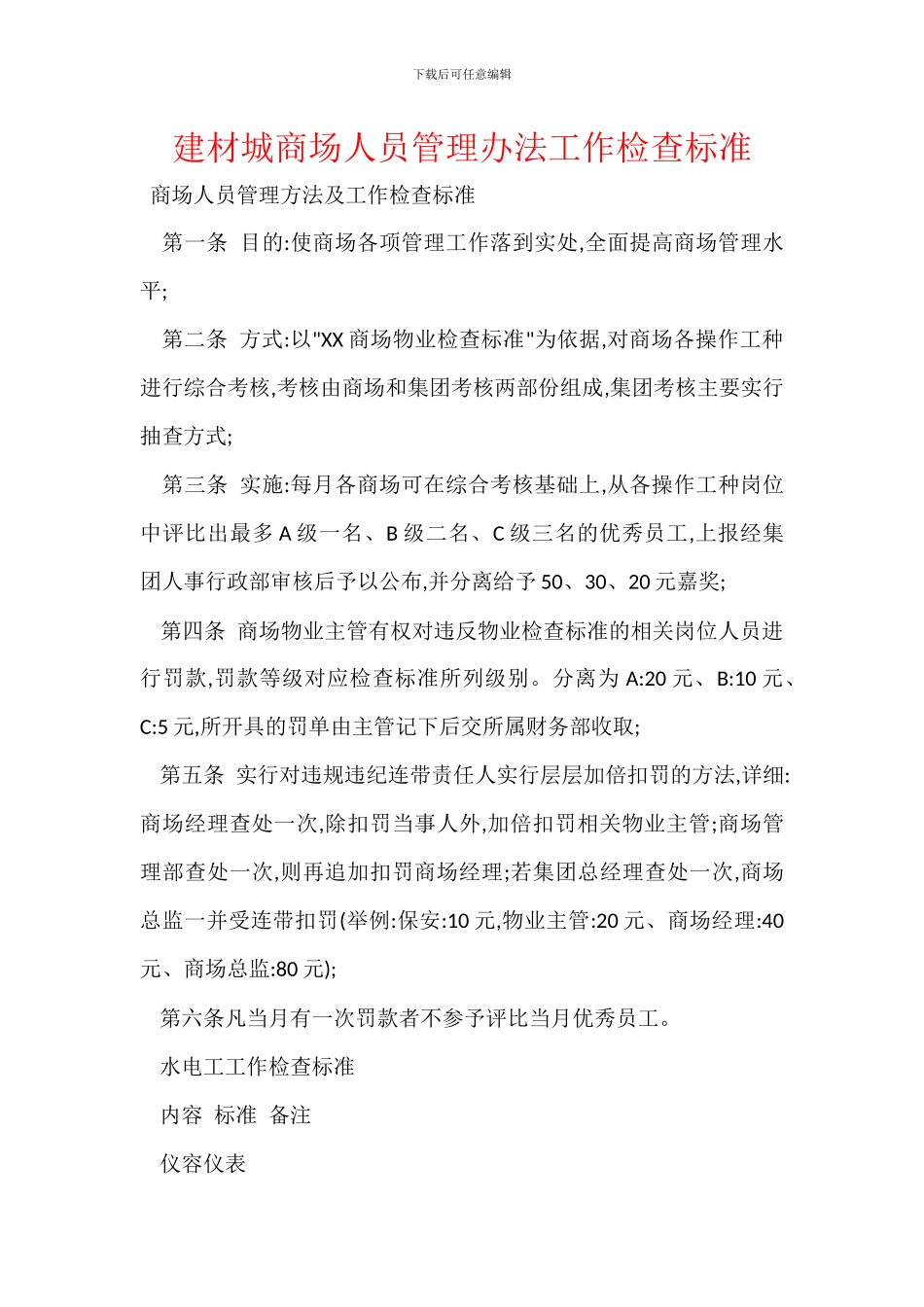 建材城商场人员管理办法工作检查标准_第1页