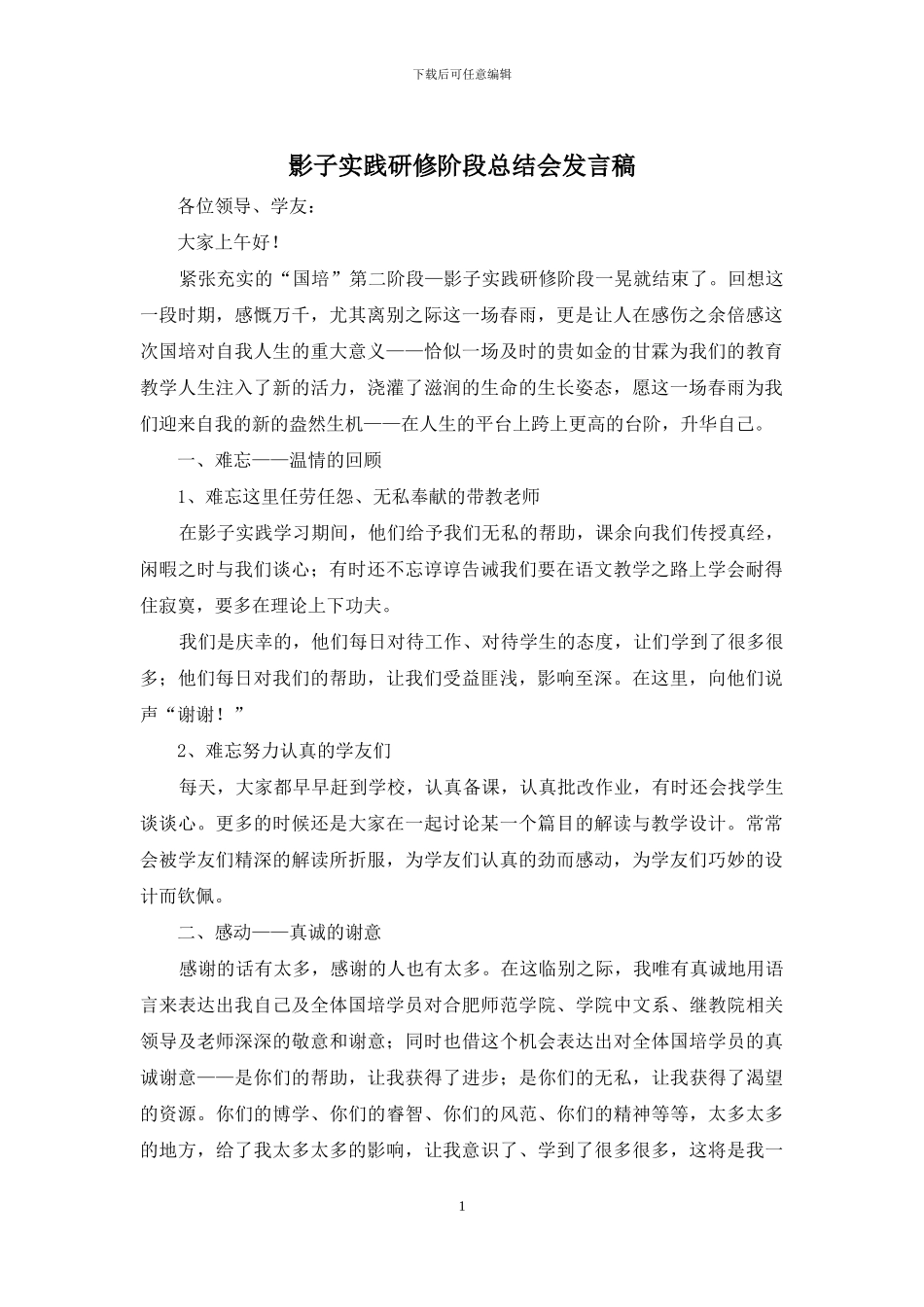 影子实践研修阶段总结会发言稿_第1页