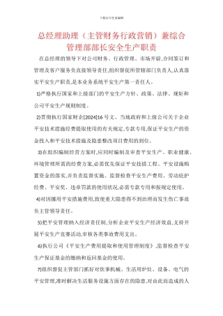 总经理助理兼综合管理部部长安全生产职责