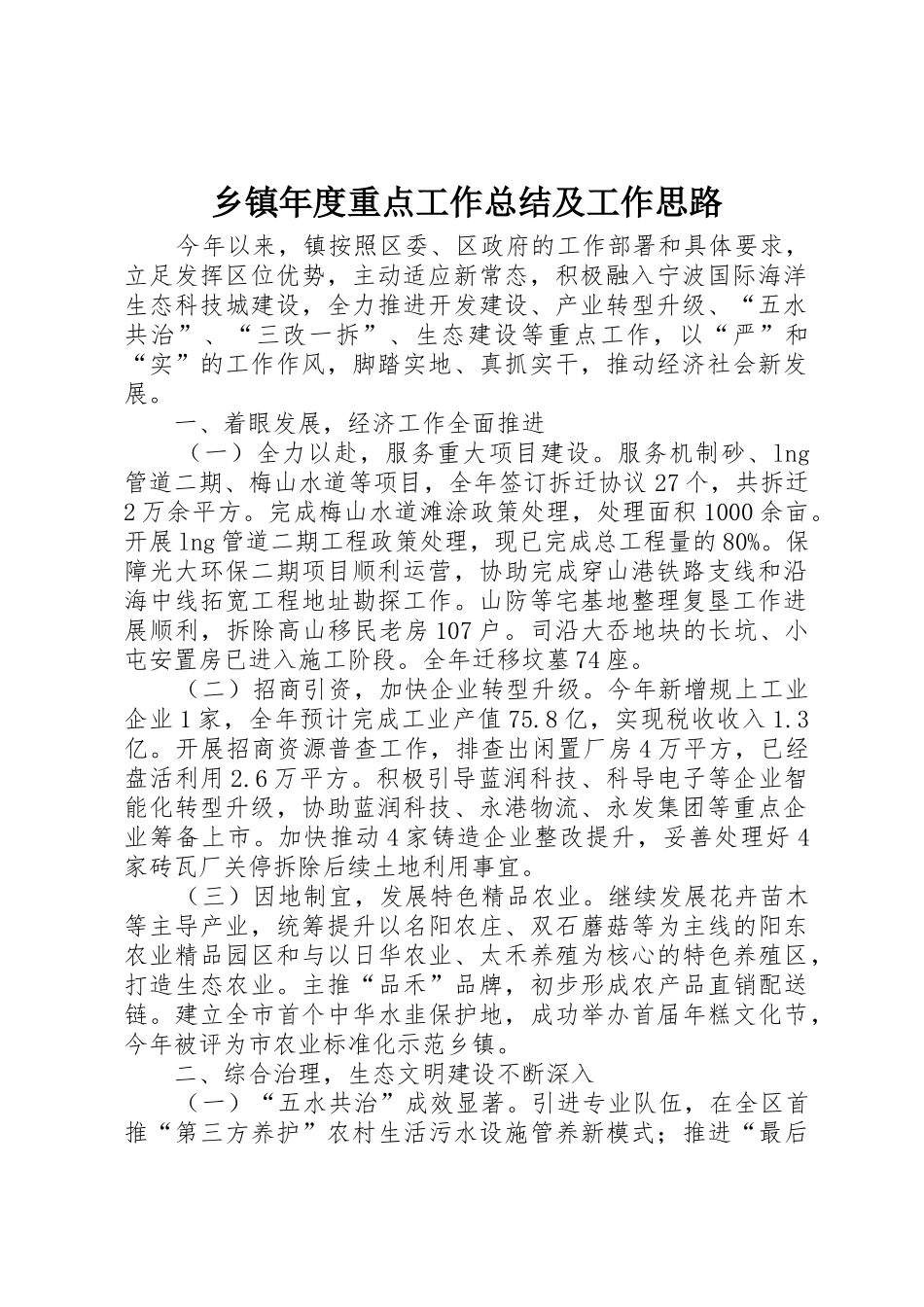 乡镇年度重点工作总结及工作思路_第1页