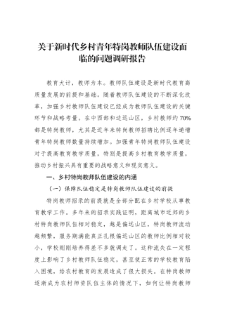 关于新时代乡村青年特岗教师队伍建设面临的问题调研报告