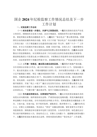 国企2024年纪检监察工作情况总结及下一步工作计划