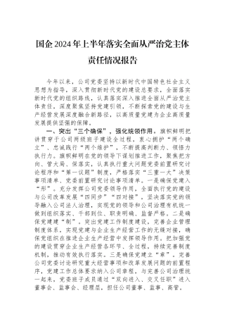 国企2024年上半年落实全面从严治党主体责任情况报告