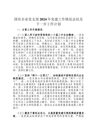 国有企业党支部2024年党建工作情况总结及下一步工作计划