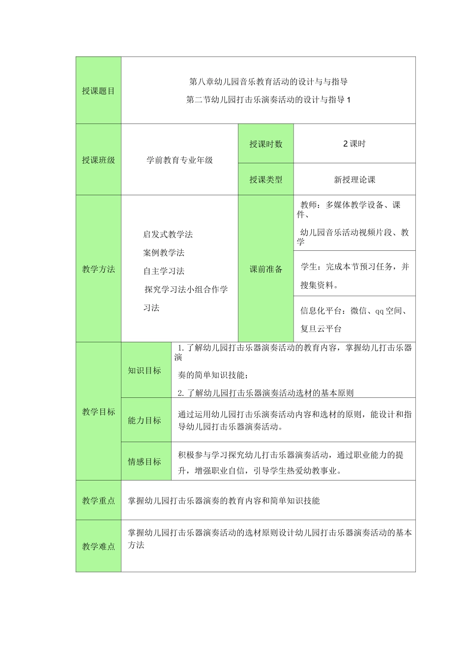 幼儿园打击乐演奏活动的设计与指导 教案 (一)_第1页