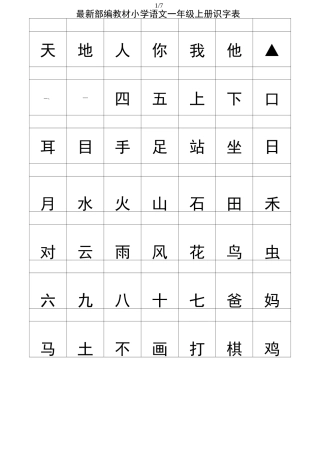 最新部编教材小学语文一年级上册识字表
