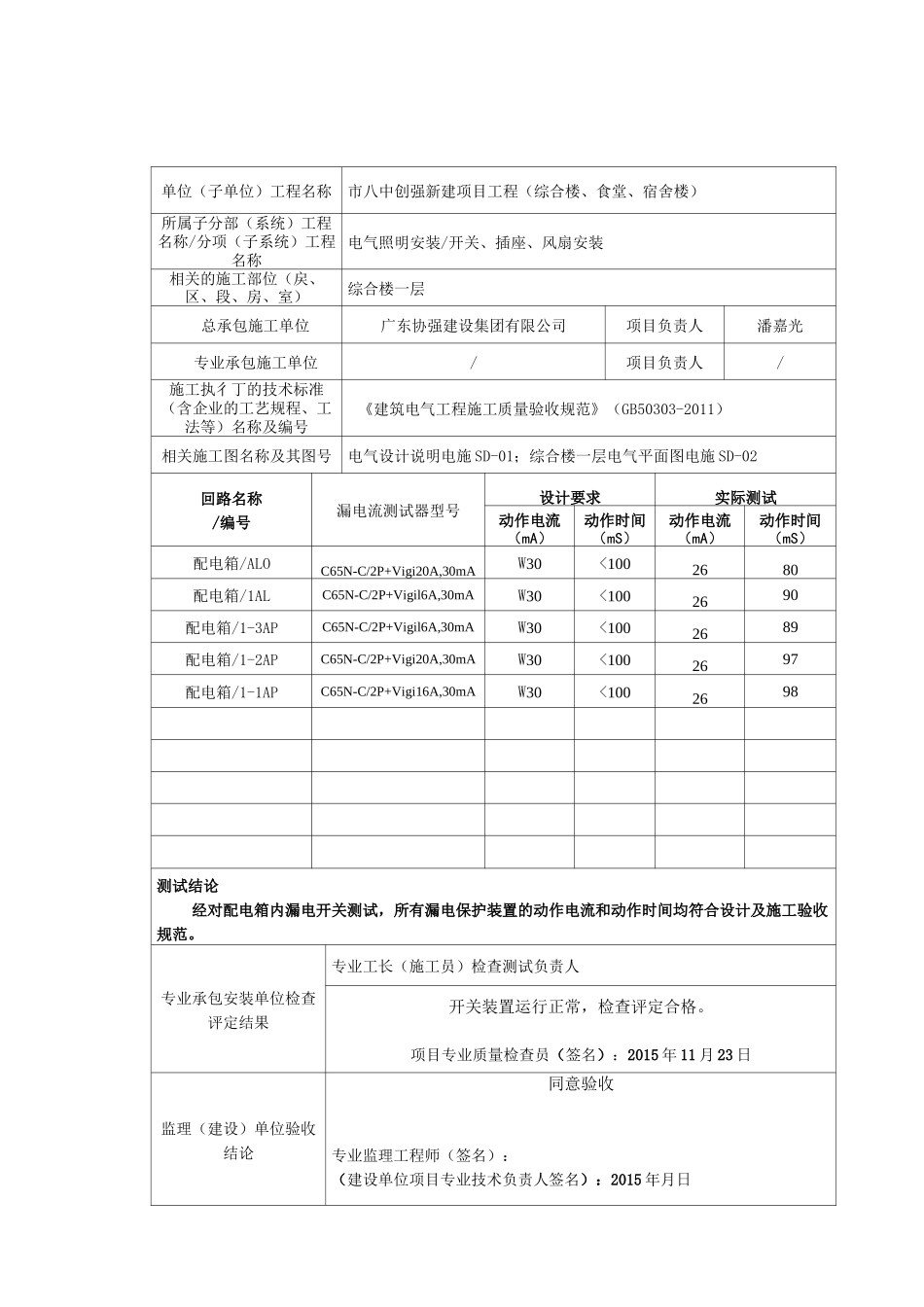 漏电开关模拟试验记录_第1页