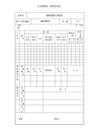 酒吧销售日报表表格模板