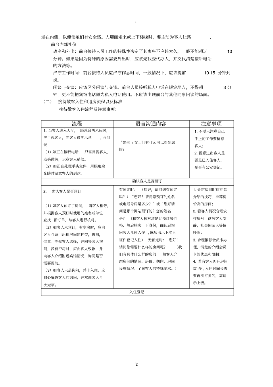 酒店前台接待流程台词版_第2页