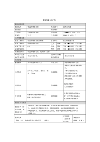 酒店收益管理部主管职位描述