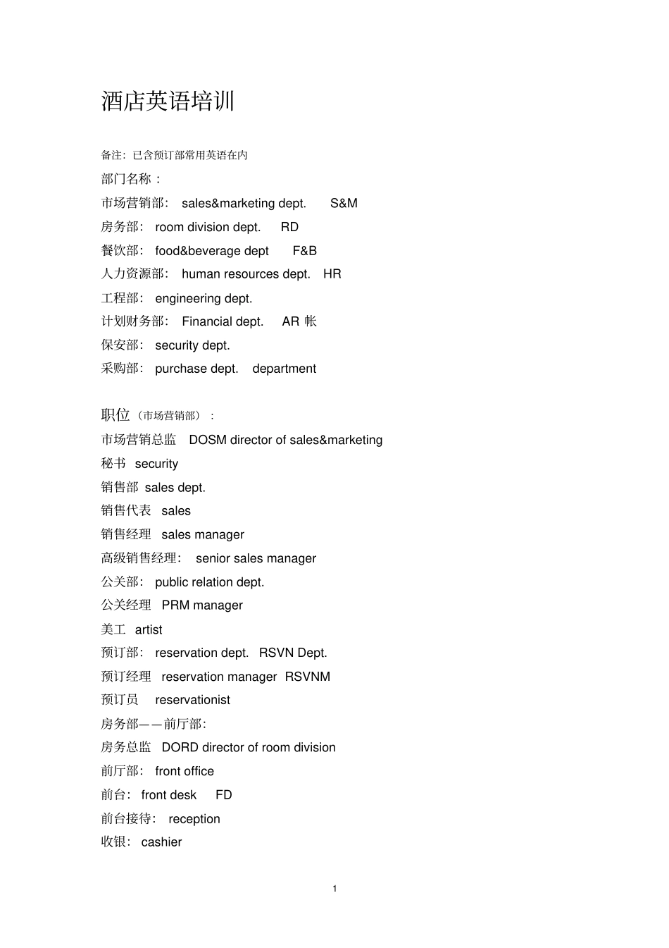 酒店英语培训_第1页