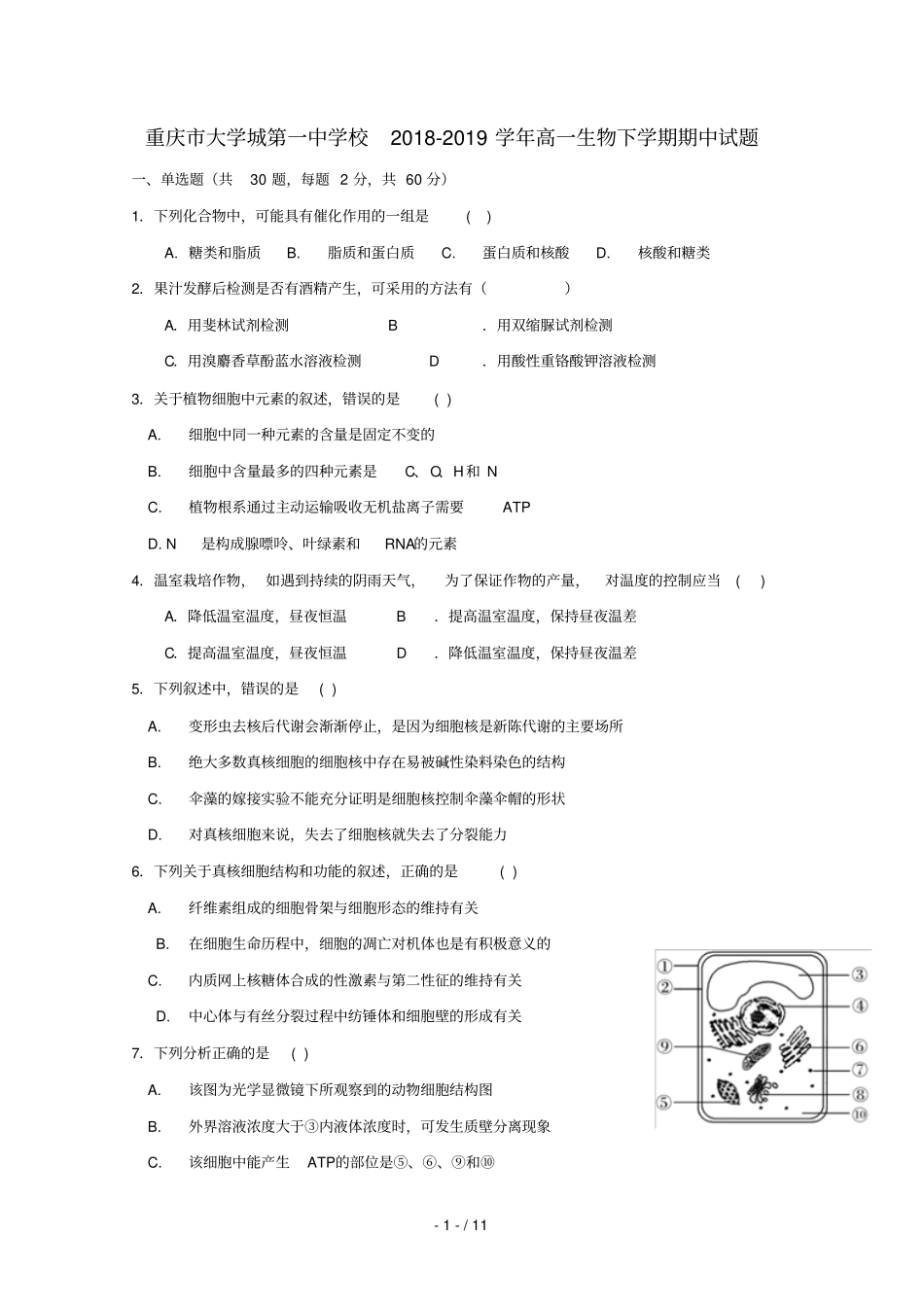 重庆大学城第一中学校2018_2019学年高一生物下学期期中试题_第1页