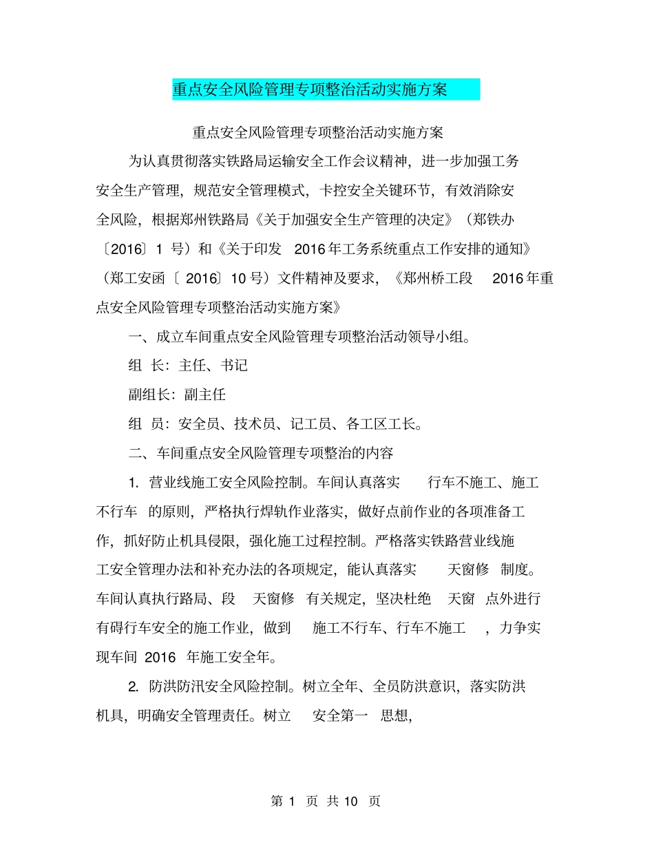 重点安全风险管理专项整治活动实施方案【可编辑版】_第1页