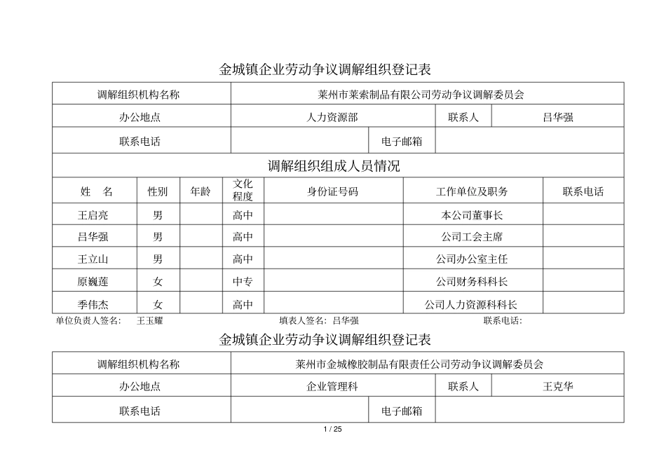 金城镇企业劳动争议调解组织登记表_第1页